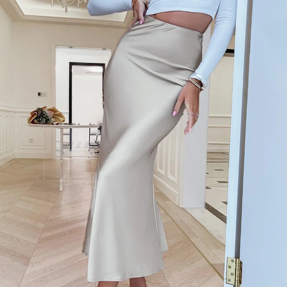 Light Grey Party Women's High Waist Solid Satin Skirt
